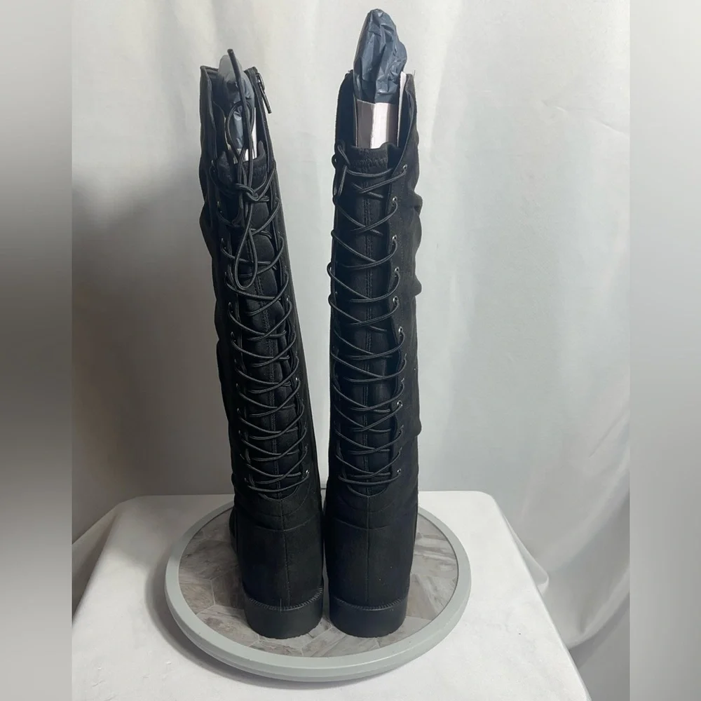 Journee Collection Mirinda Black Knee-High Lace Back Boots Size 8